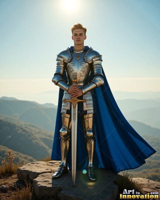 Leaning on a long sword, a blond silver-clad man plate armor and a bright cape colored blue stands on a peak