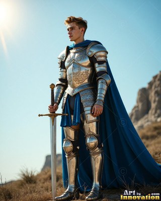 A young man in armor with a blue cape has a sword in hand on a hill