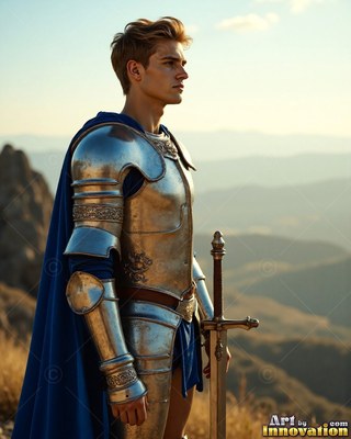 A bright blue cape hangs behind a young man dressed in steel armor standing on a hill holding a sword