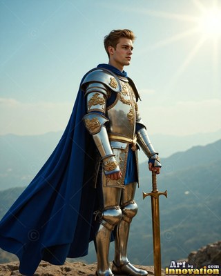 A young man stands in silver plate armor alongside a cape in blue under bright sunlight