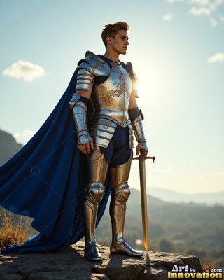 Standing in profile on a hilltop, a man dressed in armor of silver grips a sword