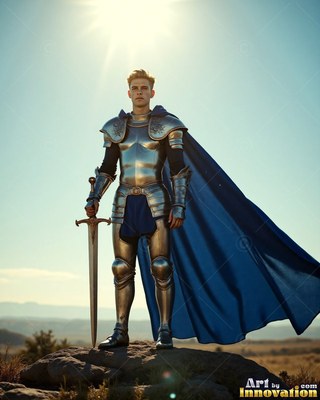 A young man dressed in steel armor holds a sword on a hill under the sun