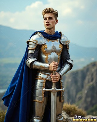On a grassy cliff, a young man with blond hair in steel armor rests both hands on a sword hilt