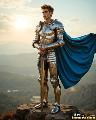 Standing on a rock, a young man in silver-plated armor grips a sword by his blue cape