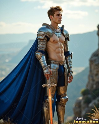 A young man wearing steel armor alongside a cape colored blue grasps a sword outdoors