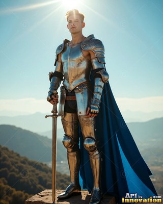 A cape in blue drapes behind a young man in full steel armor standing on a high mountain peak under the sun