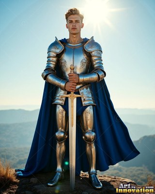 A young man wearing steel armor rests both hands on his sword under a bright midday sun