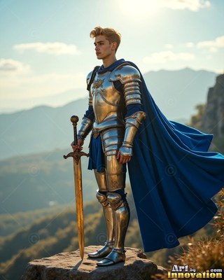 Standing in profile on a hilltop, a blond man in plate armor grips a sword