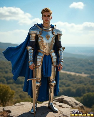 A young man in silver armor with a cape colored blue has a sword in hand on a sunny hill