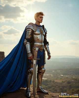 On a sunny cliff, a young silver-clad man armor grips a sword by his side
