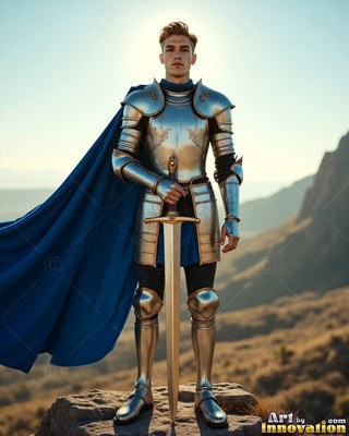 Standing on a rocky hill, a young man rests his hands on a sword in steel armor with a cape in blue