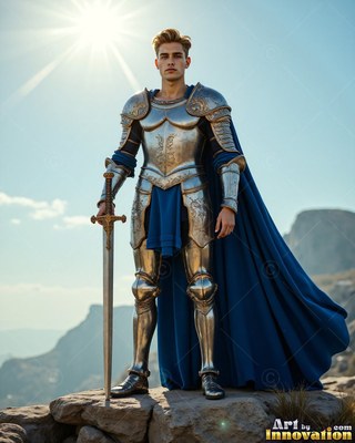 A steel-clad young man armor grips a sword on a sunlit cliff