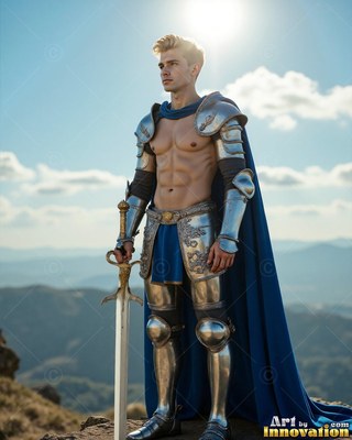 A cape colored blue hangs from a blond-haired man in silver plate armor standing on a high mountain ridge under the bright sun