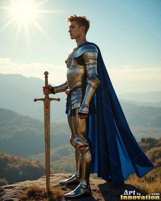 A young man dressed in steel armor stands holding a sword beneath bright sunlight