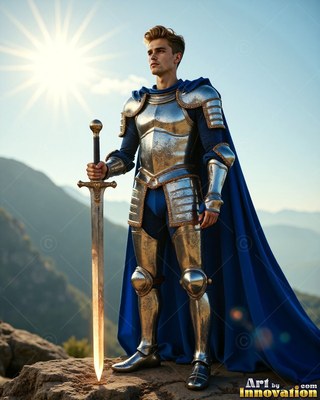 Standing on a high rock, an armor-clad man in steel has a sword in hand under the sun