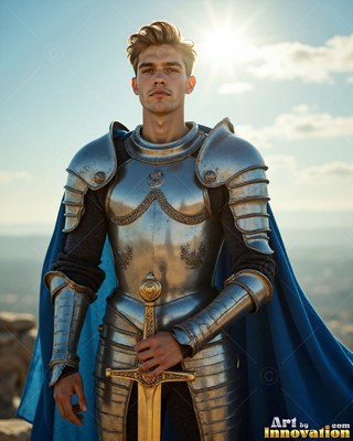 A young armor-clad man in steel and a blue cape holds a gold sword in the sun