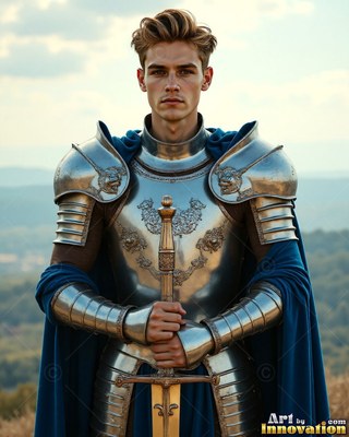 On an open hilltop, a young armor-clad man in steel rests both hands on a sword hilt