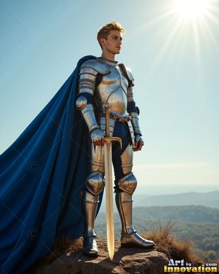 Standing on a sunlit hill, a young blond armor-clad man in steel grasps a sword by his side