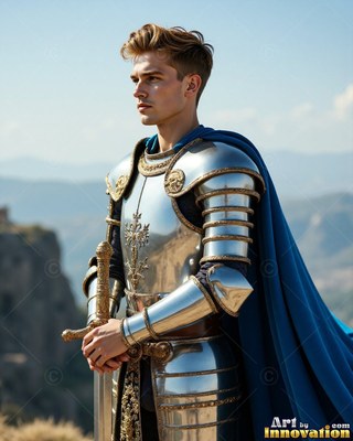A young man in a suit of steel armor carries a sword on a mountain