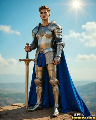 A young man in shiny silver plate armor holds a sword on a rocky hill under bright sun
