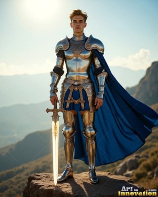A young man stands in a suit of silver armor on a rocky peak, holding a bright sword beside a cape colored blue