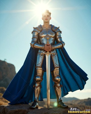 Standing straight on a hill, a young man in steel armor carries a sword under bright sun