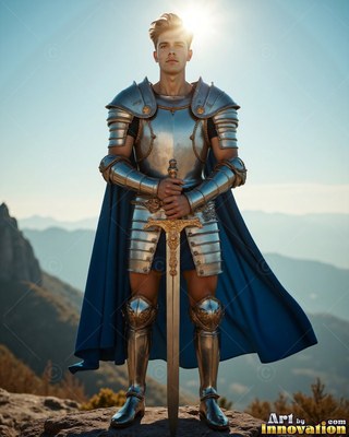 A young armor-clad man in steel grasps a sword on a mountain under bright sunlight
