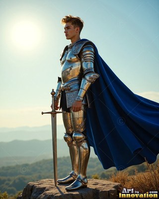 On a sunny hilltop, a young man covered in silver armor with a cape colored blue grasps a sword