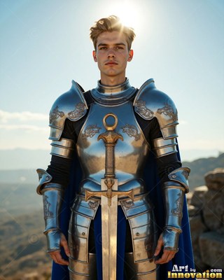 Standing in the bright sun, a young man wears steel plate armor with a sword at his waist