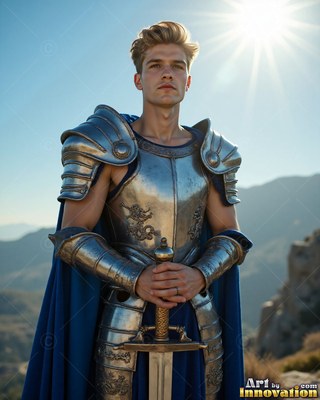 Young man in shining silver armor alongside a cape in blue carries a sword outdoors