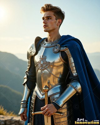 A young man wearing steel armor holds his sword outdoors under warm sunlight
