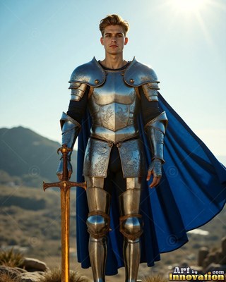 Standing straight on a rocky hill, a young man wears steel armor plus a cape in blue