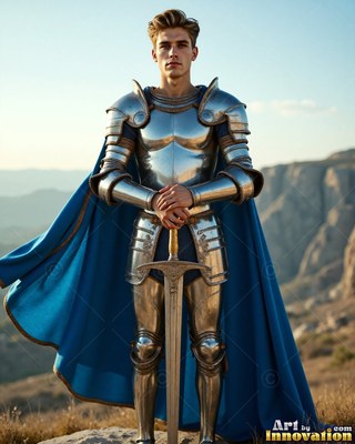 A young yellow-haired man covered in silver plate armor plus a cape in blue holds a sword outdoors