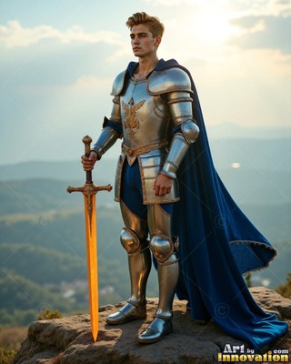 On a rocky hilltop, an armored young man holds a fiery sword beside a blue cape