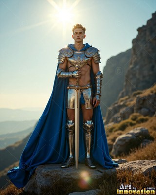 Standing on a rocky hill, a young man has a sword in hand in armor and a bright cape colored blue