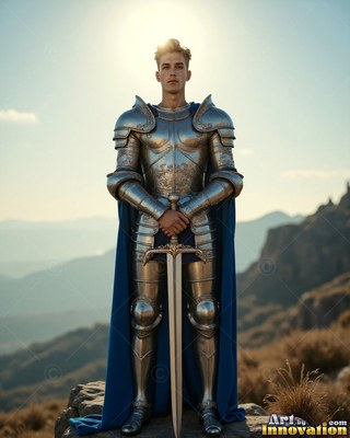 A young man wearing steel armor carries a sword on a mountain ridge