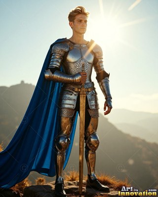 Wearing a long blue cape, a young man in a suit of steel armor grasps a sword on a sunlit mountain