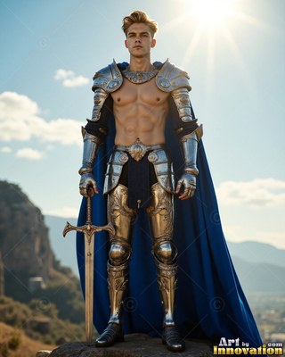 A fair-haired man stands in silver armor and a cape colored blue under bright sunlight