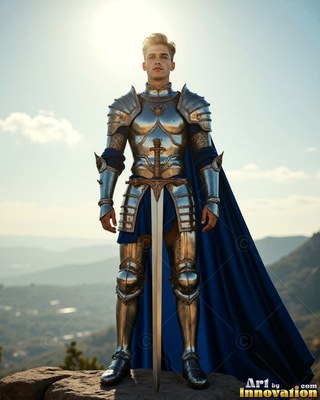 Standing straight outdoors, a young man in plate armor grips a sword on a ridge