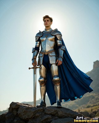 A young man dressed in steel armor and a long blue cape holds a sword on a rocky hill