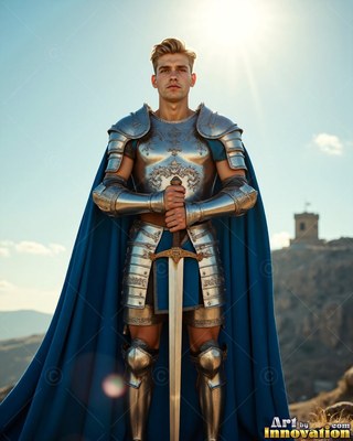 Under the bright sun, a blond man wearing silver plate armor plus a blue cloak holds a sword