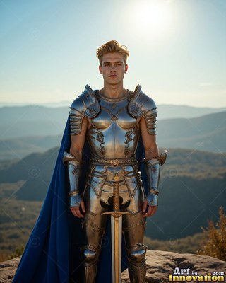 A young armor-clad man in steel stands outdoors with a sword