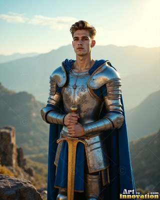 Dressed in steel plate armor with a blue cape, a young man holds a sword on a mountain ridge