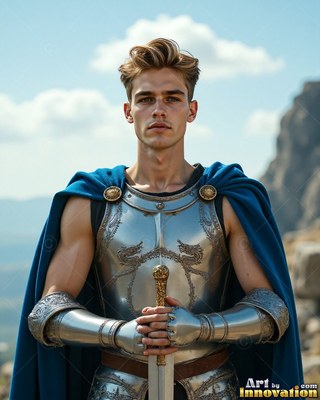 A young man stands in a suit of silver armor and a bright cape colored blue under clear daylight