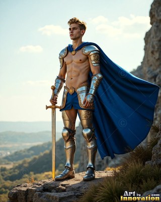 Standing on a rocky cliff, a young man wears armor and a bright blue cape