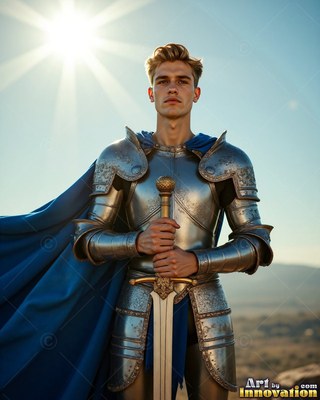 A young man in a suit of steel armor plus a blue cape carries a sword in the bright sun