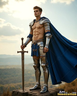 On a rocky hill, a muscular man stands in armor with a sword and a cape in blue