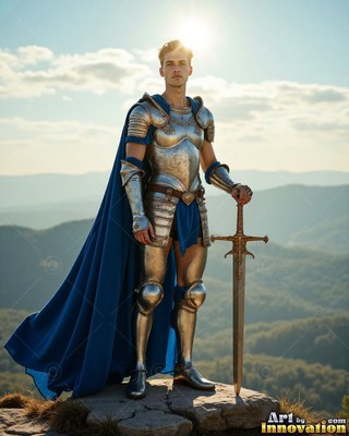 Resting his hand on a sword, a man covered in silver plate armor and a cape colored blue stands on a ridge