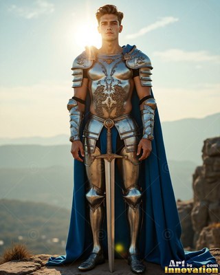 Steel-clad young man armor and a cape in blue carries a sword on a rocky hill