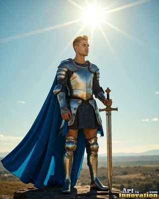 Wearing shining steel armor and a long cape in blue, a young man grasps a sword on a hill under the sun